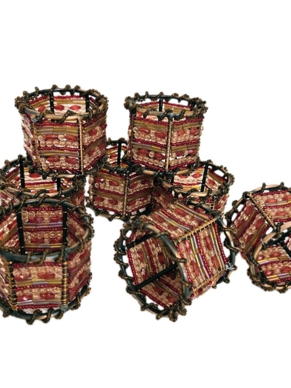 Pier 1 Copper Napkin Rings Wire Wrapped Beaded Melon Red 8 Set Dinner Table